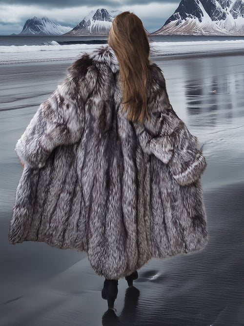 Person wearing a fur coat standing on a beach with mountains in the background