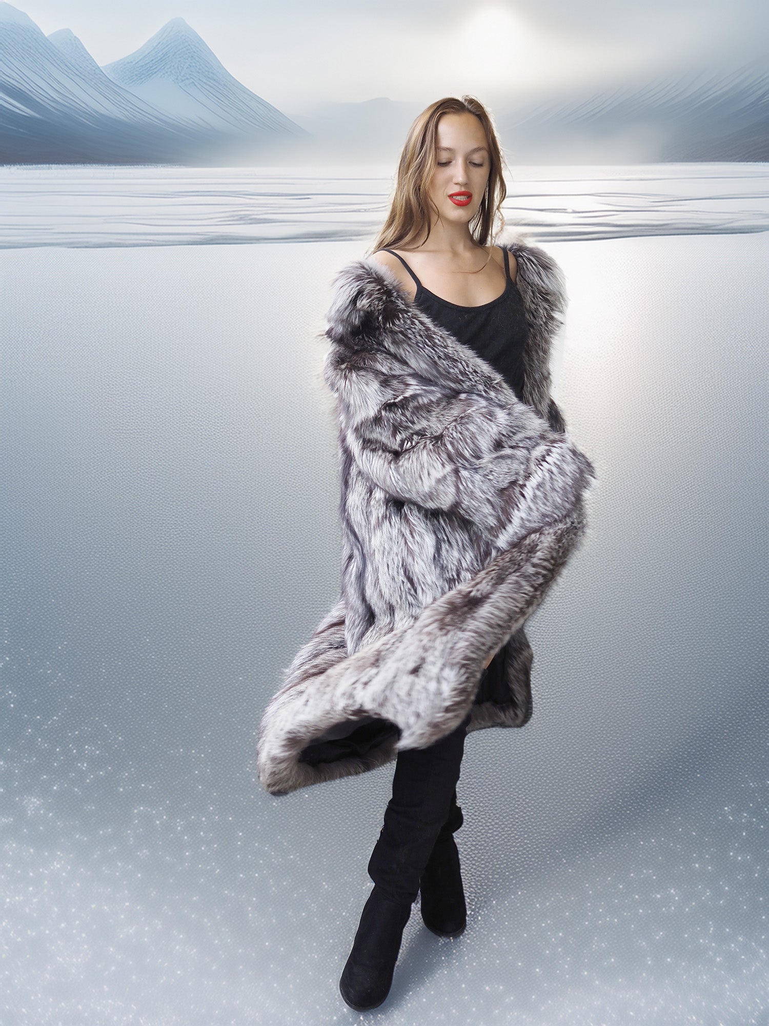 Woman wearing a fur coat with a snowy mountain background