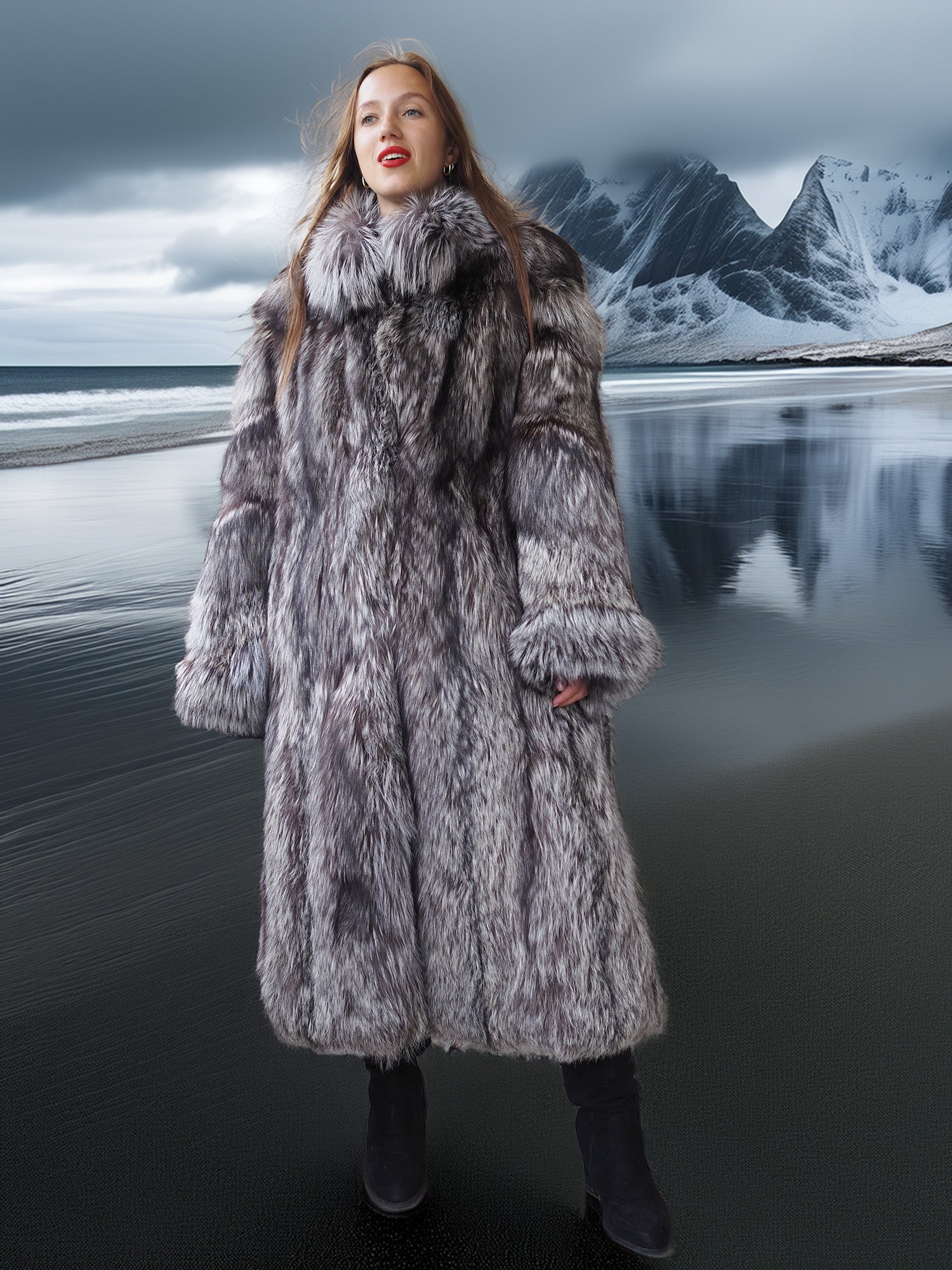 Person wearing a fur coat with a mountainous landscape in the background