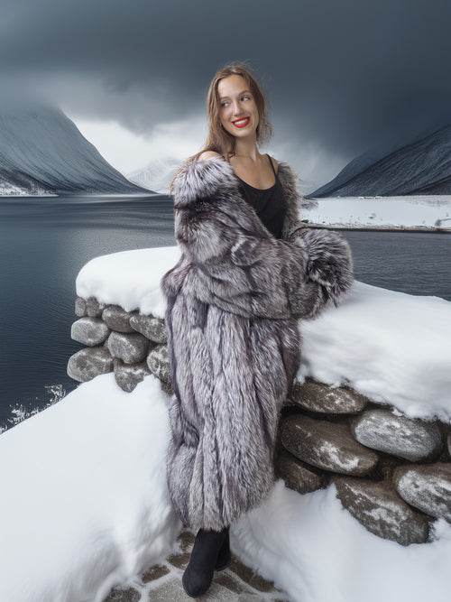 Woman in a fur coat standing on a snowy ledge with mountains in the background