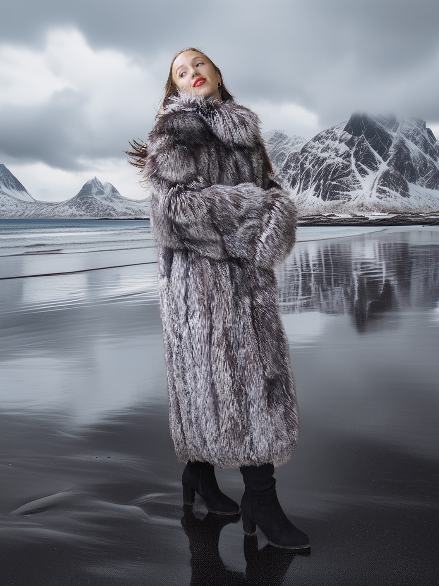 Person wearing a fur coat standing in a snowy landscape with mountains.