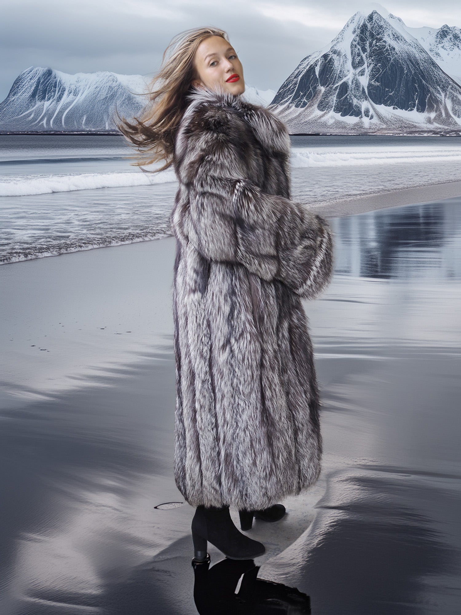 Woman in a fur coat standing on a snowy landscape with mountains in the background