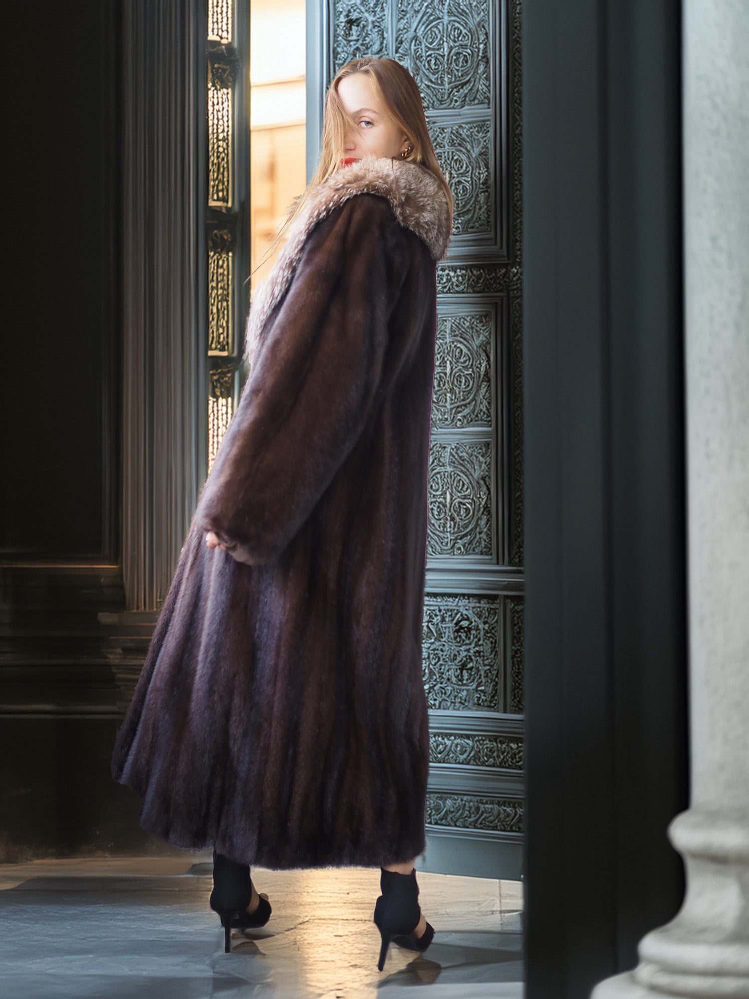 The Château Whisper – Vintage Dior Mahogany Mink Fur Coat with Crystal Fox Collar