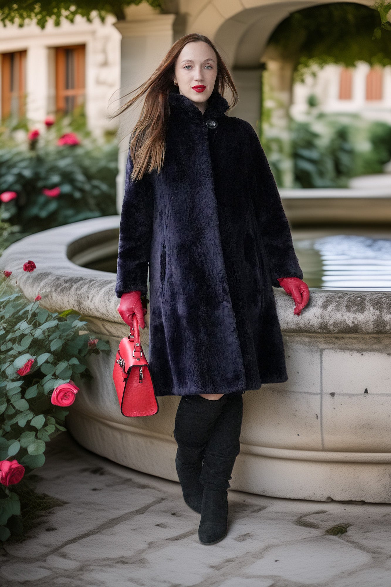 Woman in a long black coat and red gloves standing near a stone fountain with flowers in the background.