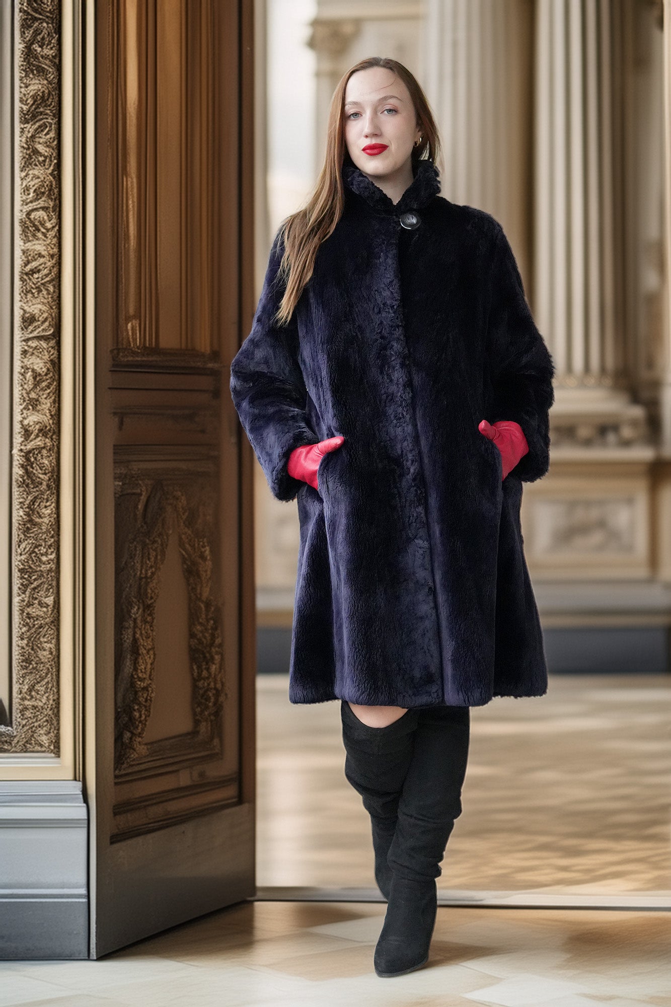 Woman wearing a dark blue coat and black boots in an elegant interior setting.