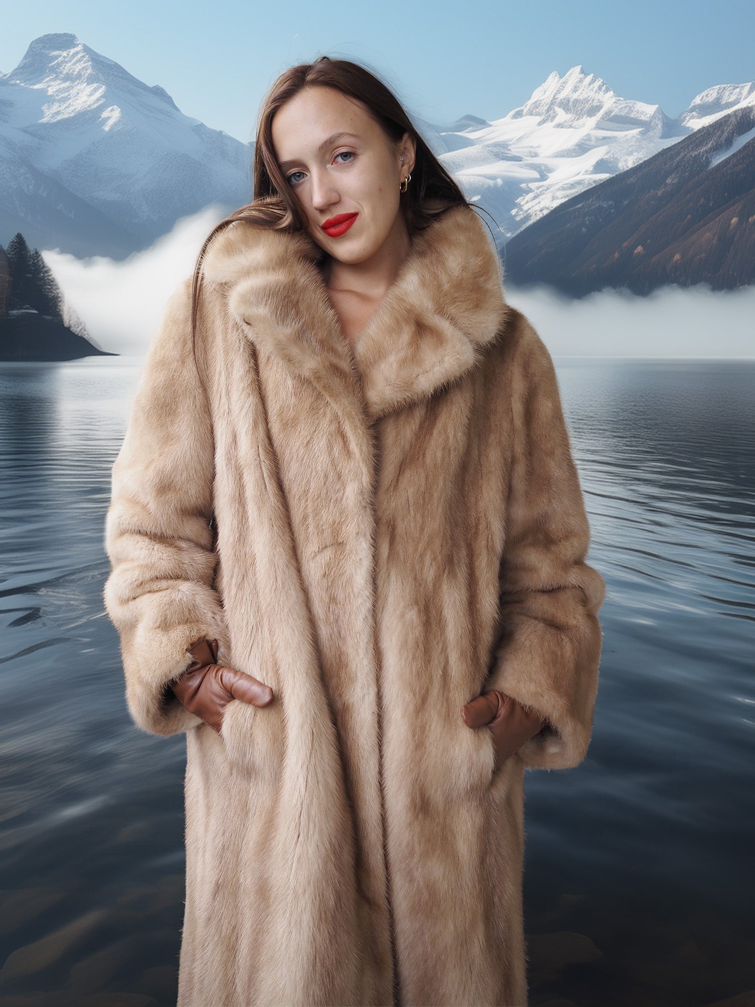 Woman wearing a fur coat with a mountainous landscape in the background