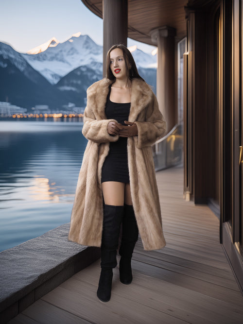 Woman in a fur coat standing on a wooden deck with mountains and water in the background