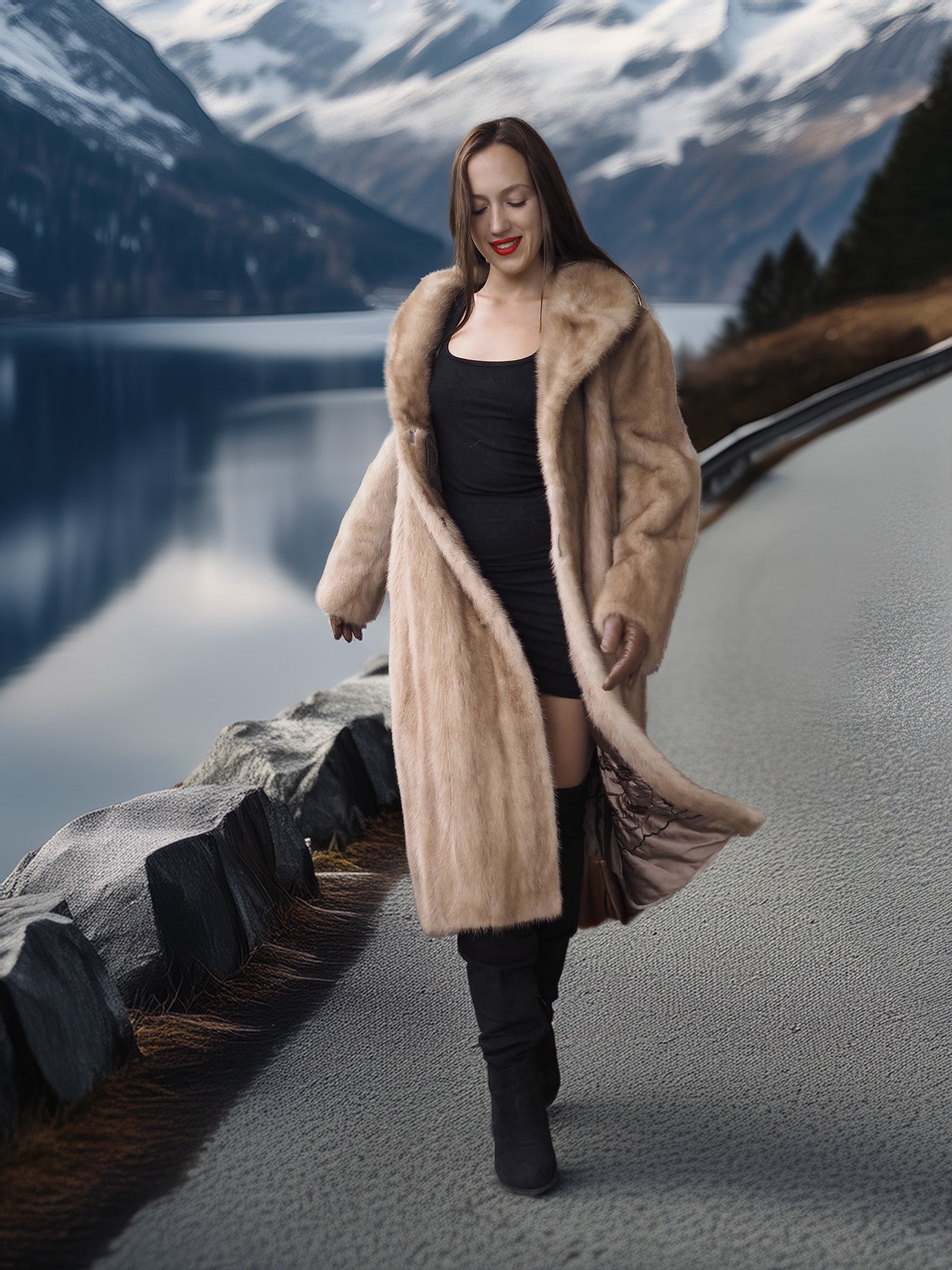 Woman in a fur coat standing on a road with a mountainous landscape in the background