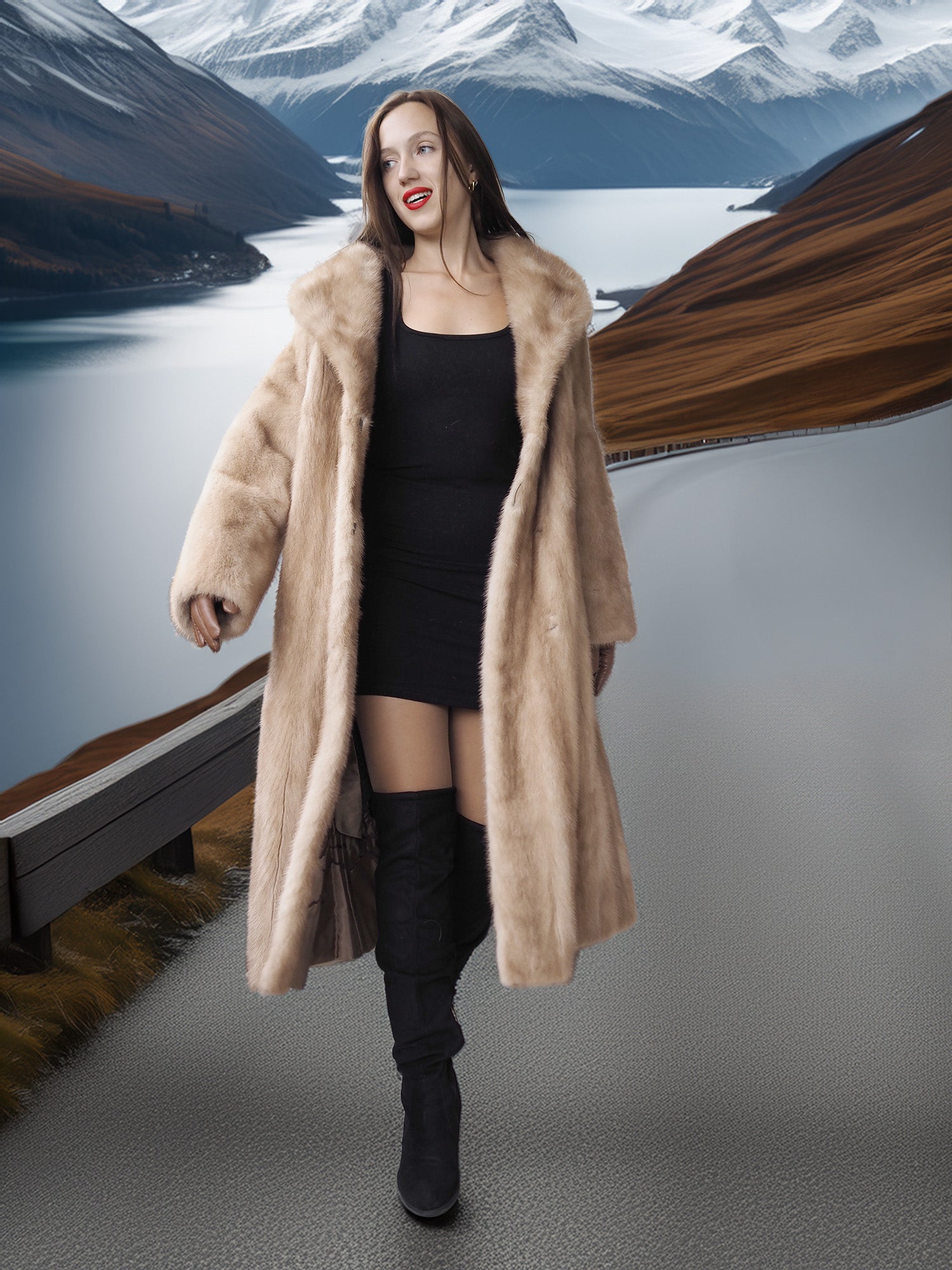 Woman in a long fur coat standing in front of a scenic mountain landscape.