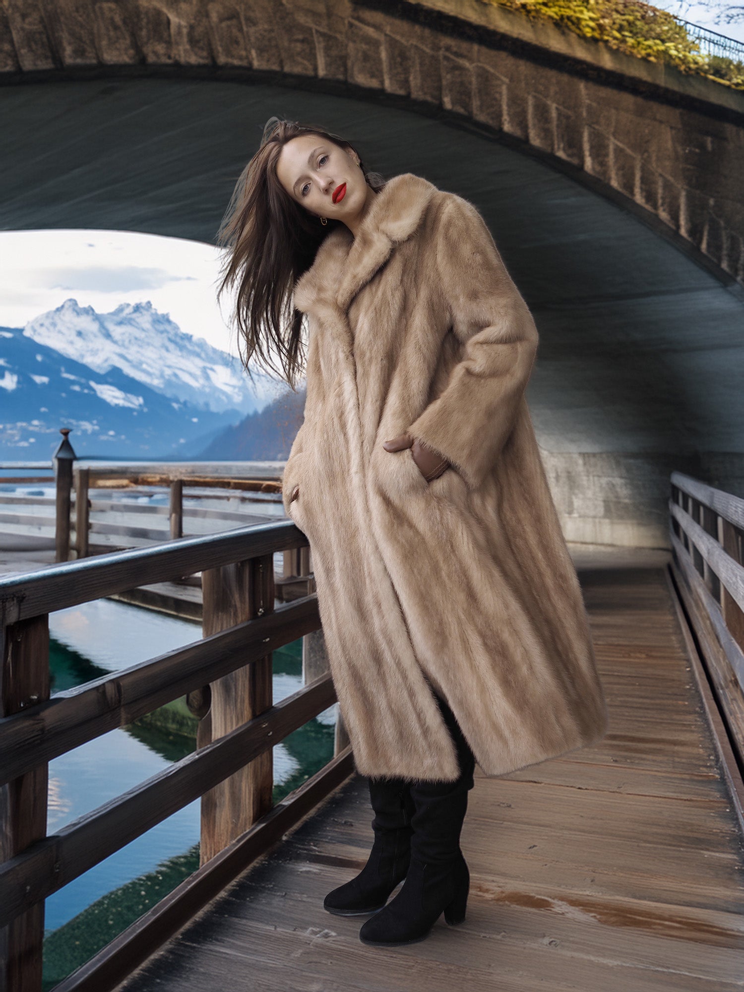 Person wearing a fur coat standing on a wooden bridge with mountains in the background