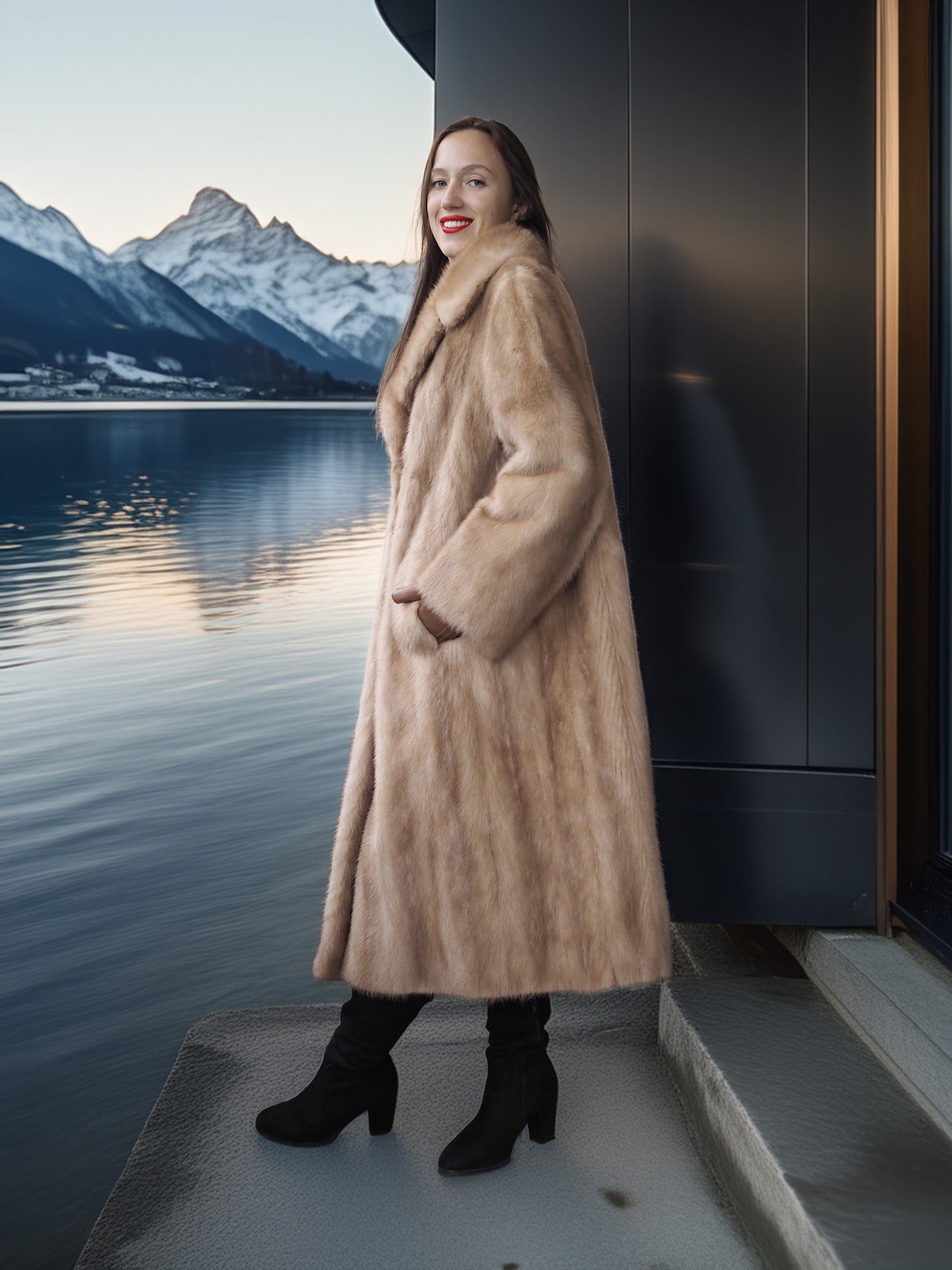 Woman in a long beige coat standing by a lake with mountains in the background