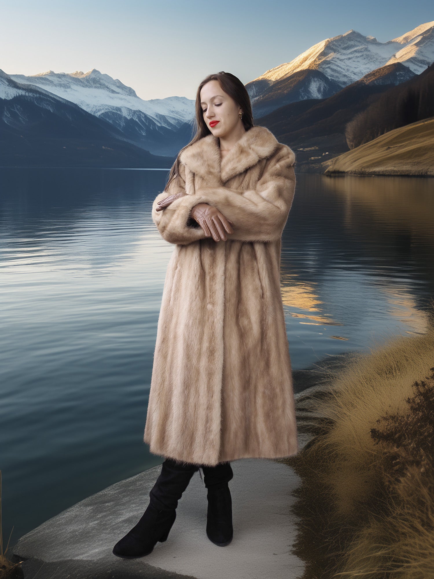 Woman in a fur coat standing by a lake with mountains in the background