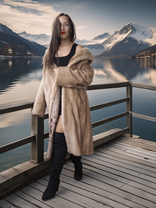 Woman in a fur coat standing on a wooden dock with mountains and a lake in the background
