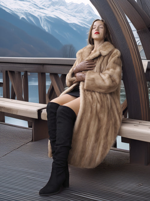 Woman in a fur coat and knee-high boots sitting on a wooden deck with mountains in the background