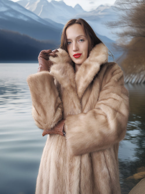 Woman wearing a fur coat standing by a lake with mountains in the background