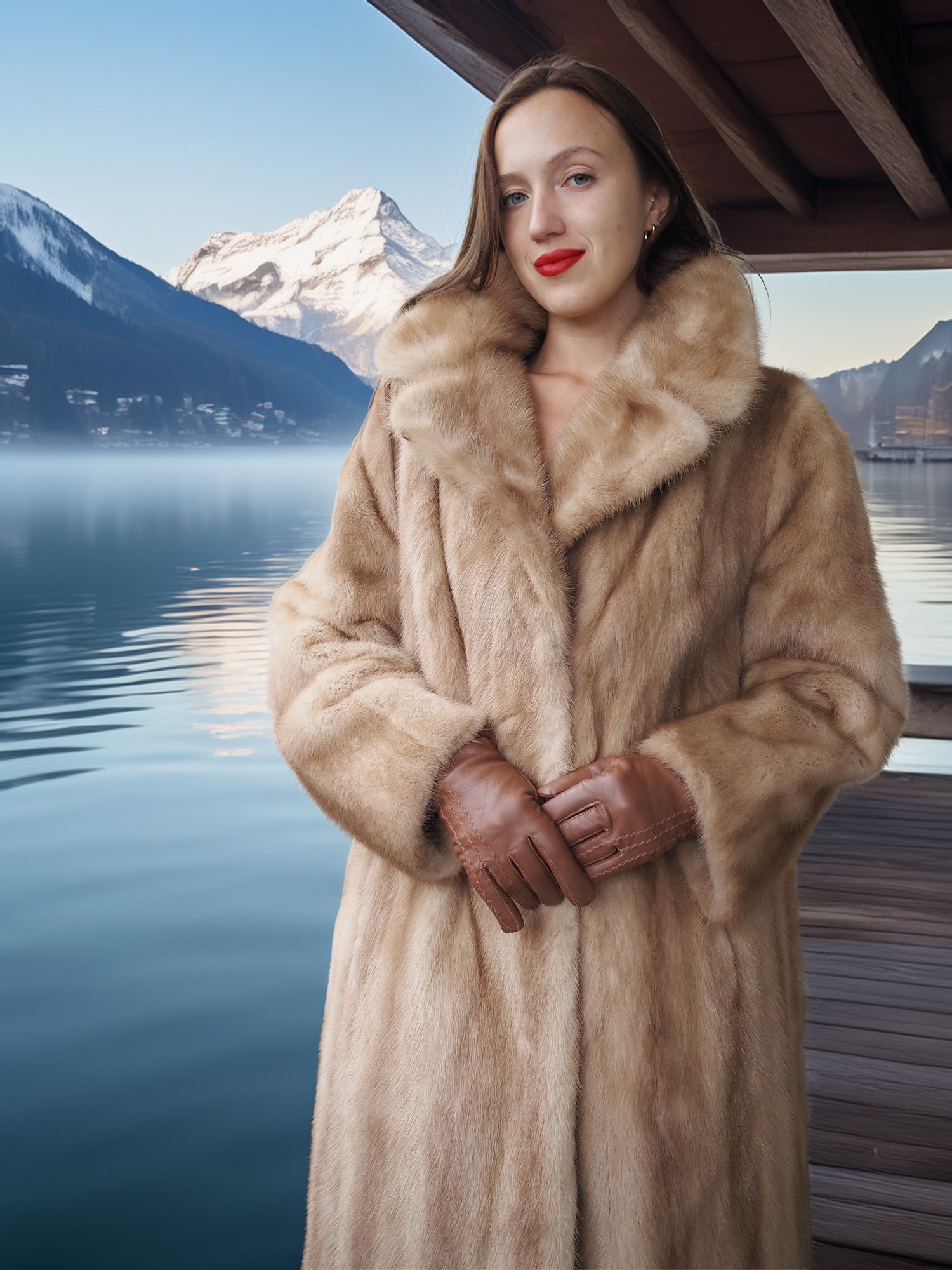 Woman in a fur coat standing by a lake with mountains in the background