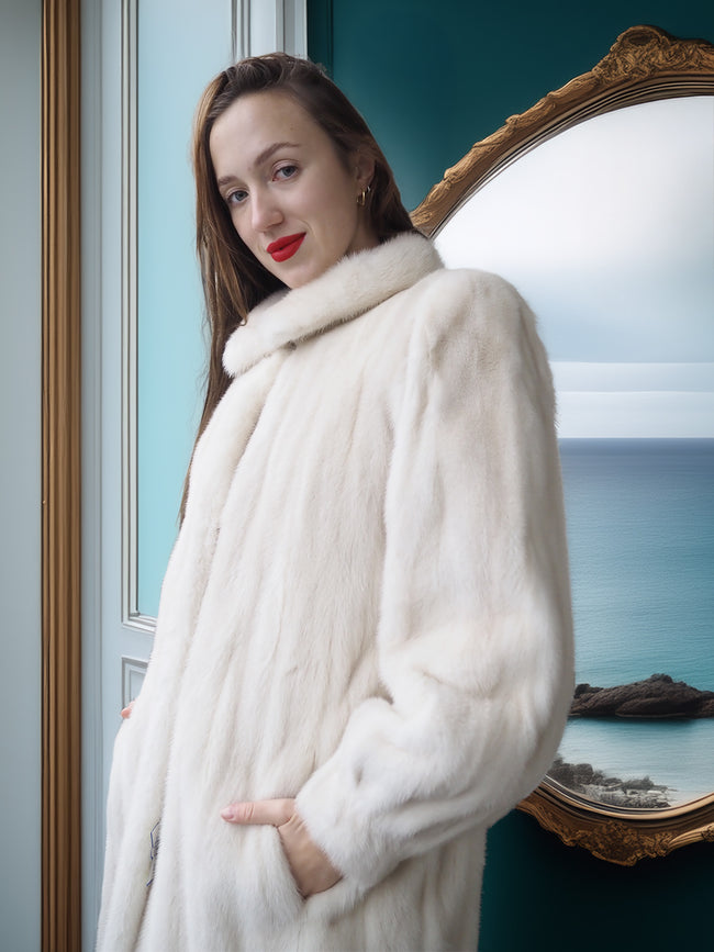 Woman wearing a white fur coat standing in front of a mirror with a scenic painting in the background.