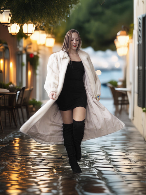 Woman in a long coat walking on a wet street with lights and water in the background