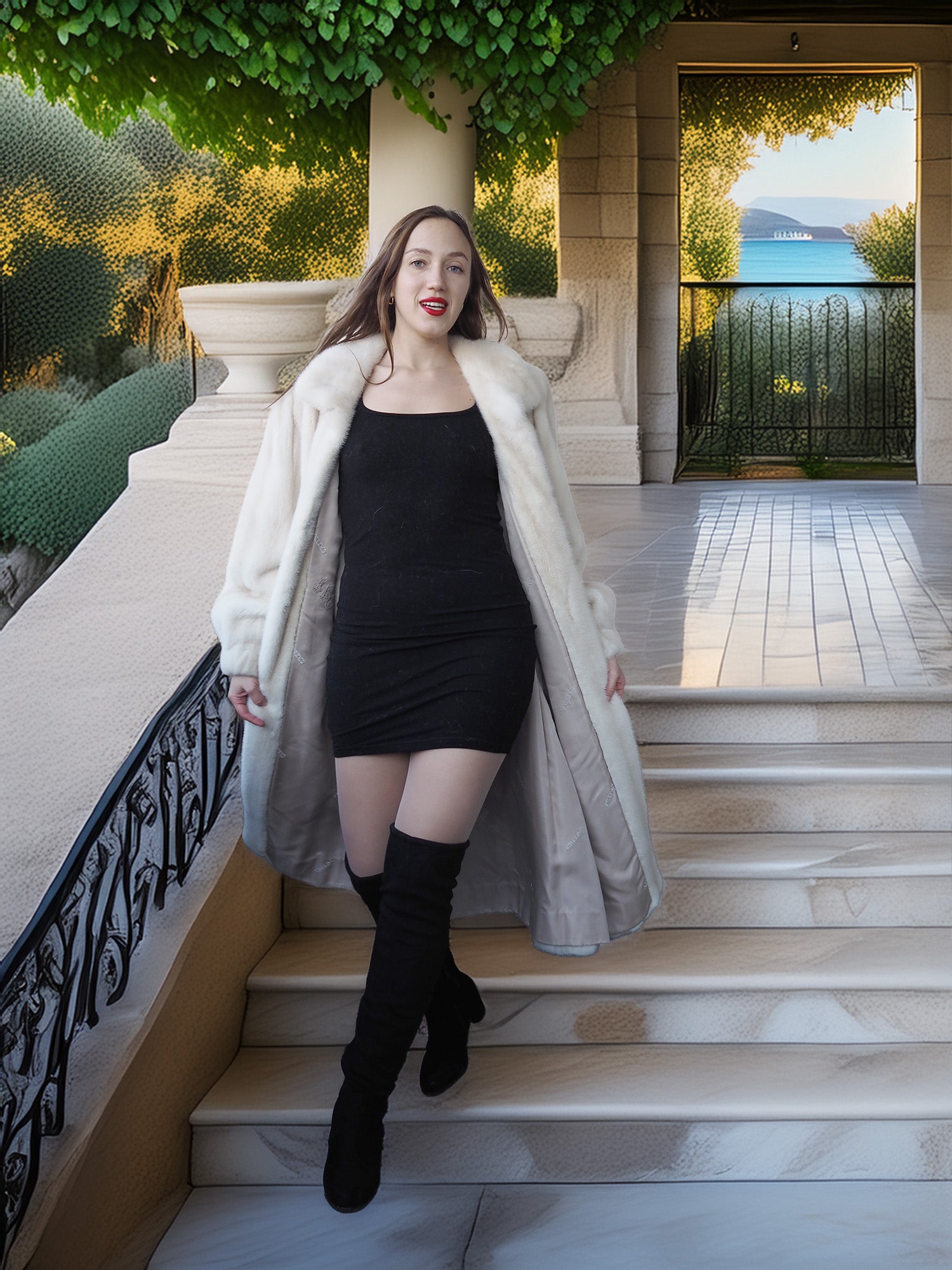 Woman in a black dress and white fur coat standing on steps with a scenic background
