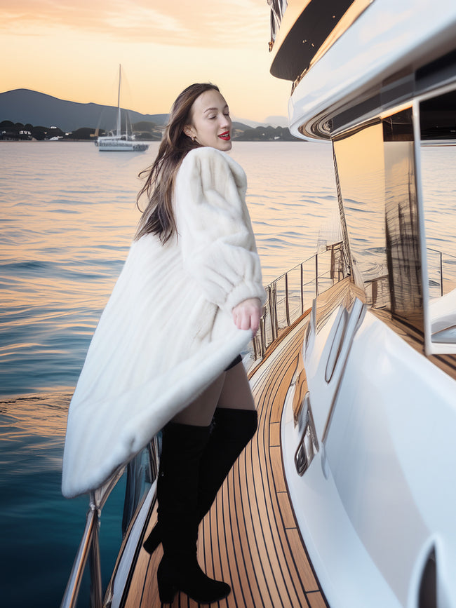 Woman in a white coat standing on a yacht with a scenic water background