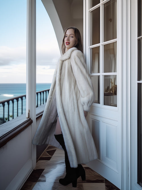 Woman in a white fur coat standing on a balcony with ocean view