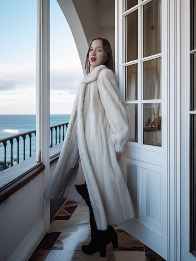 Woman in a white fur coat standing on a balcony with ocean view