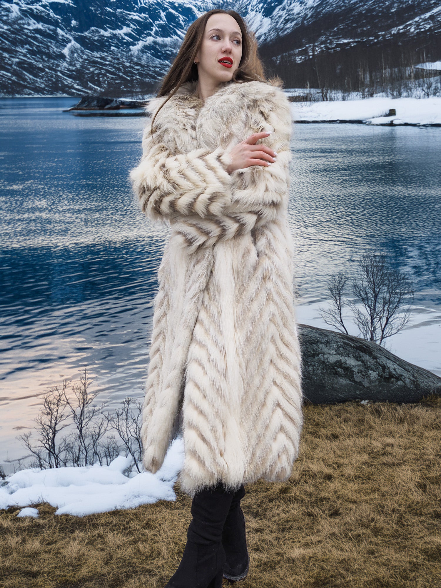 Two Tone Fox Coat with chevron pattern and shawl collar, worn in a lakeside winter landscape, showcasing stylish fur fashion in size XS/S.