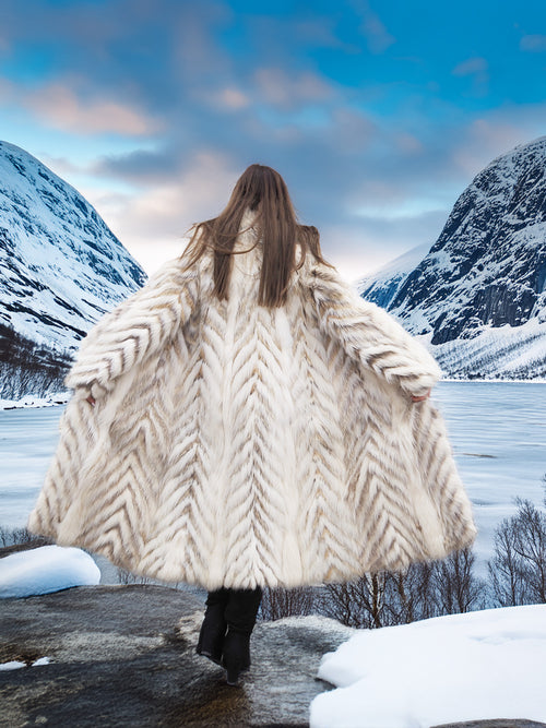 Back view of Two Tone Fox Coat Size XS/S with dramatic chevron fur flow and full-length design, highlighting premium craftsmanship in outerwear.