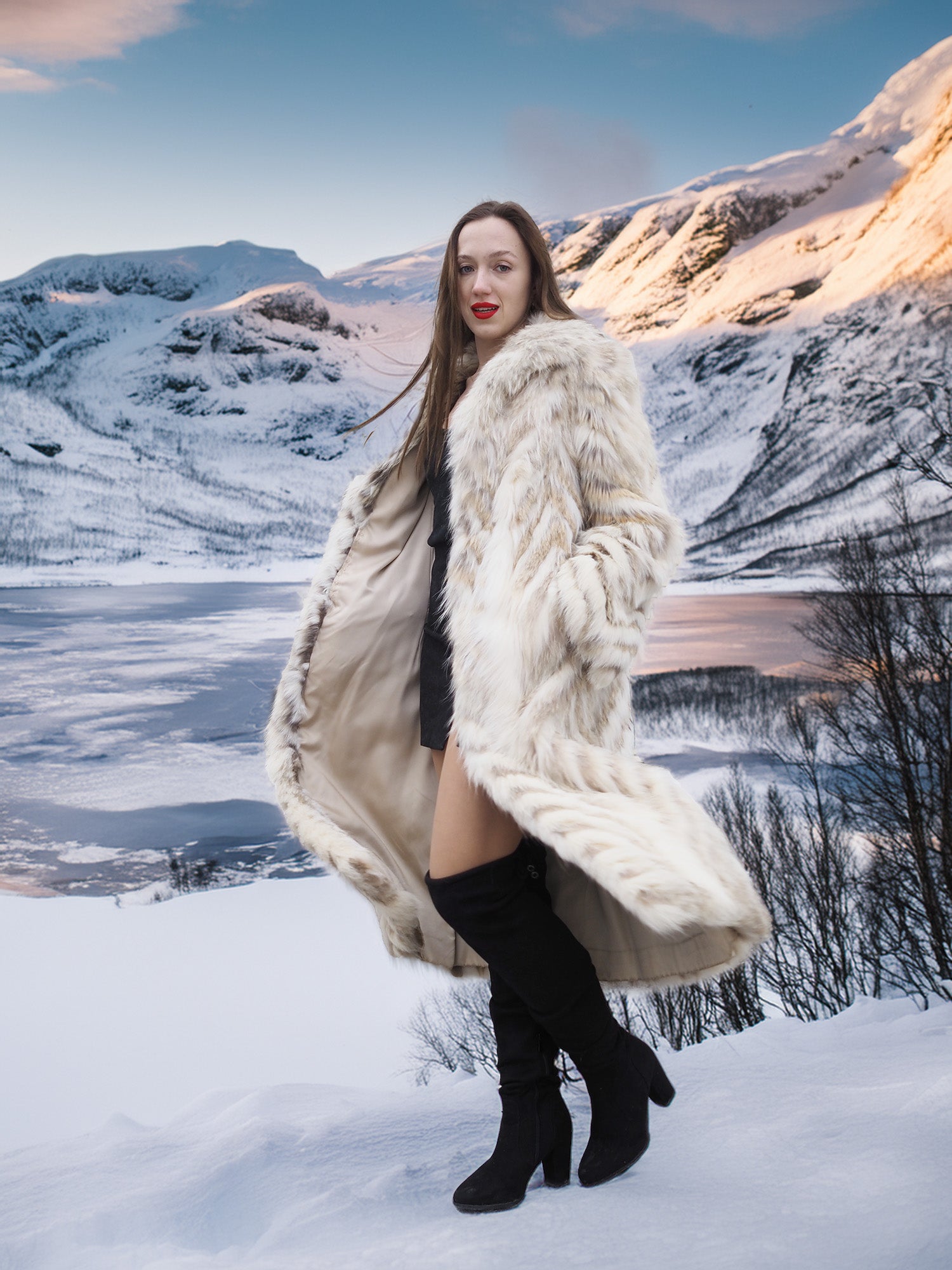 Model wearing Two Tone Fox Coat Size XS/S with open front, revealing interior lining and chevron fur pattern, perfect for chic winter outerwear.