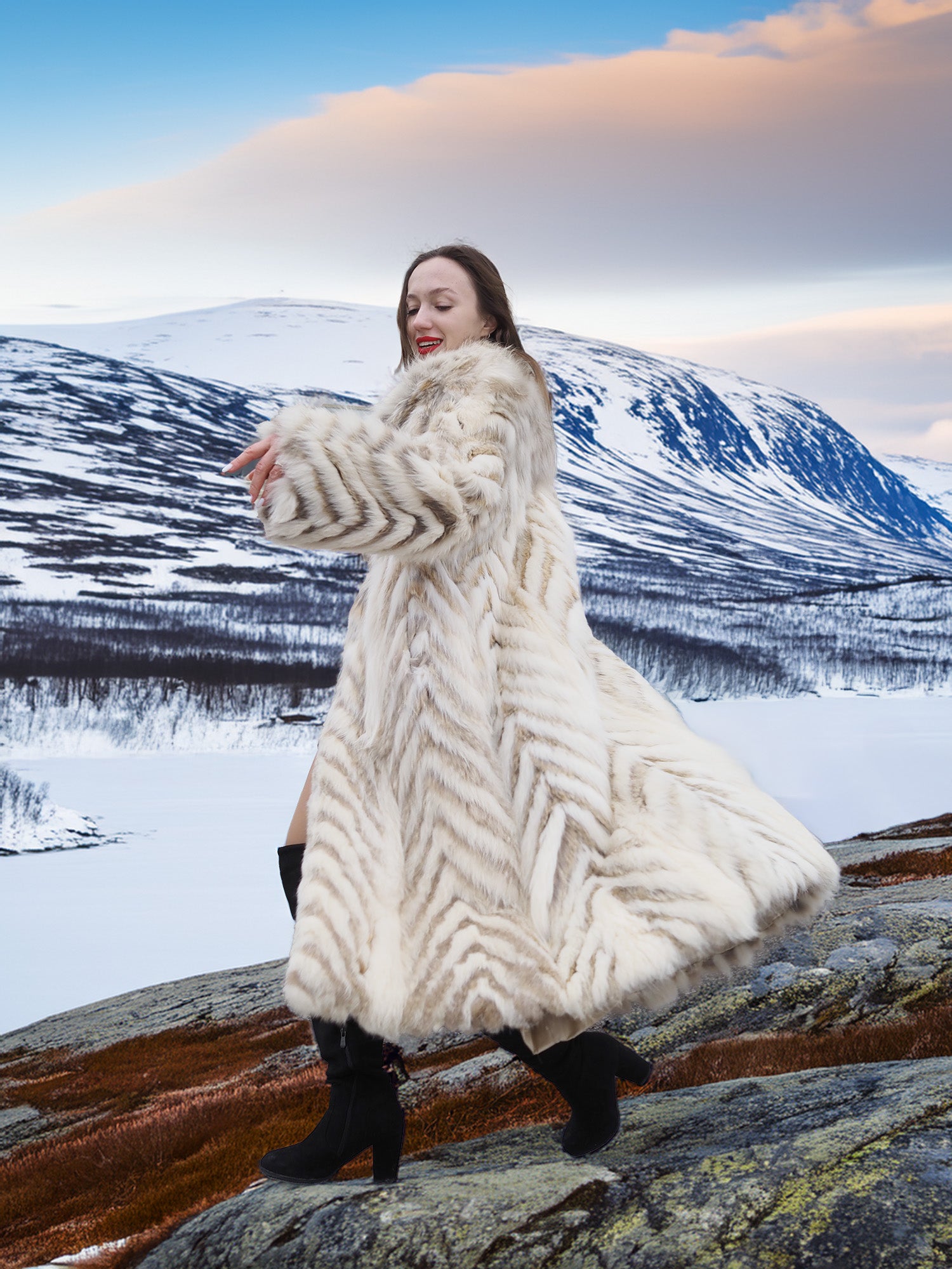 Model twirling in Two Tone Fox Coat Size XS/S, showcasing the coat’s flowing chevron fur and full-length luxury design.