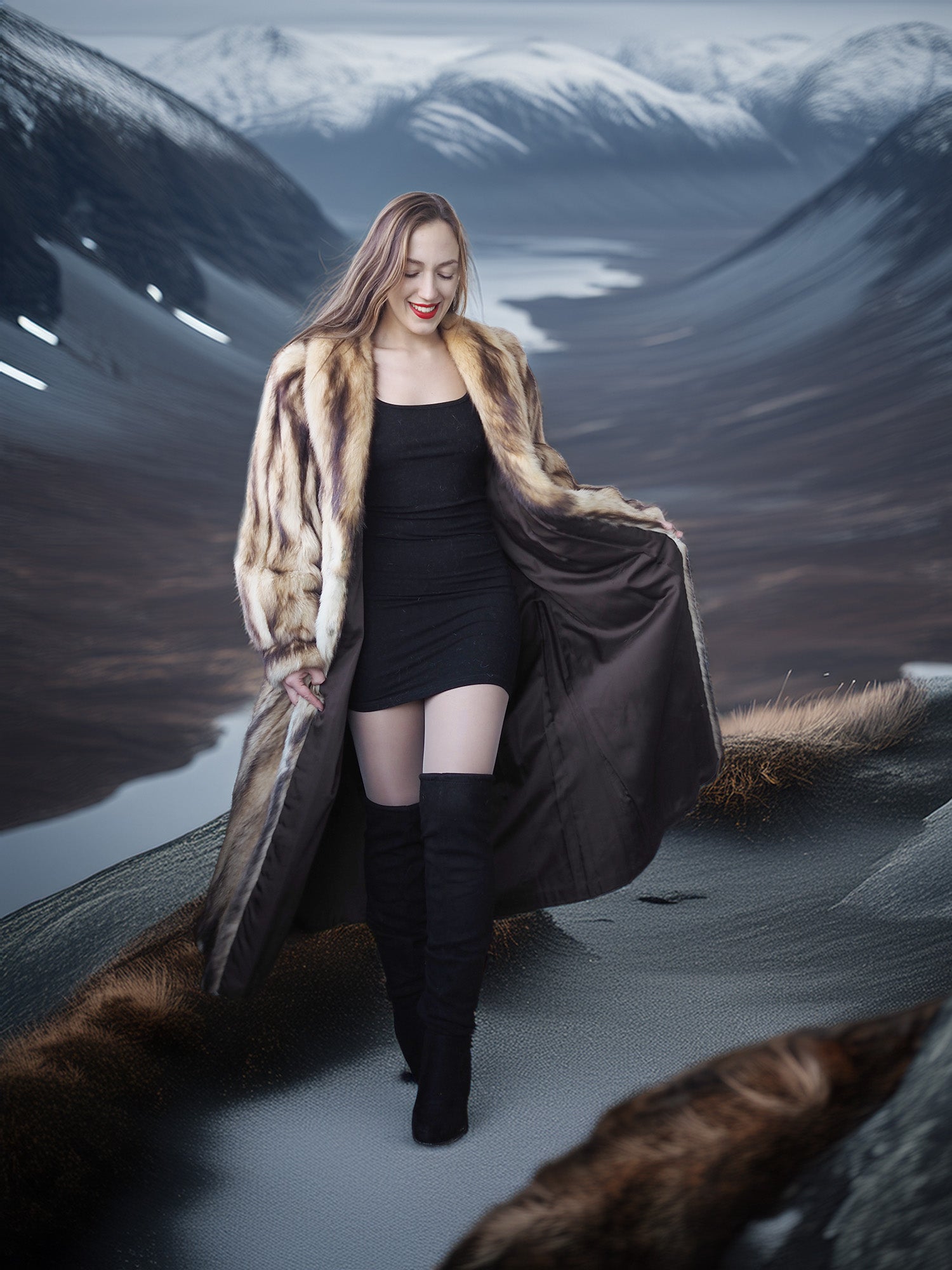 Woman in a fur coat and black dress standing in a snowy landscape with mountains.