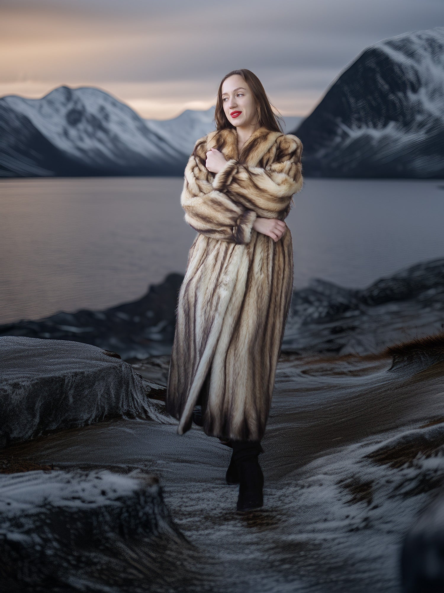 Woman in a fur coat standing on a rocky shoreline with mountains and water in the background