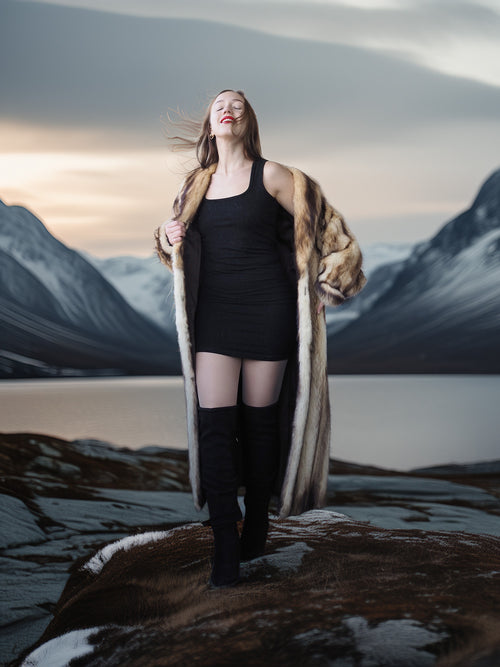 Person wearing a fur coat standing on a rocky landscape with mountains and water in the background