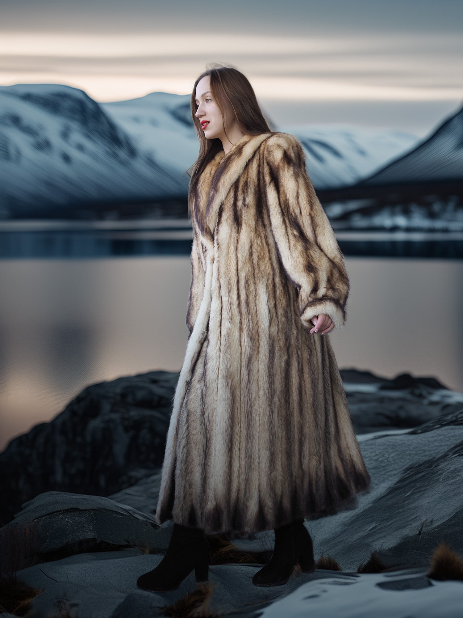 Woman in a fur coat standing in a snowy landscape with mountains in the background