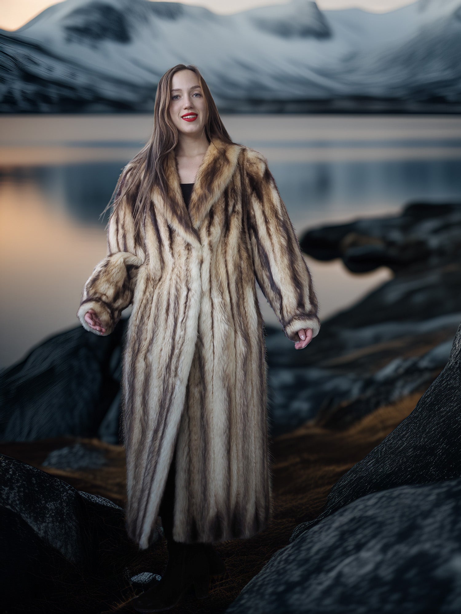 Woman in a fur coat standing by a lake with mountains in the background