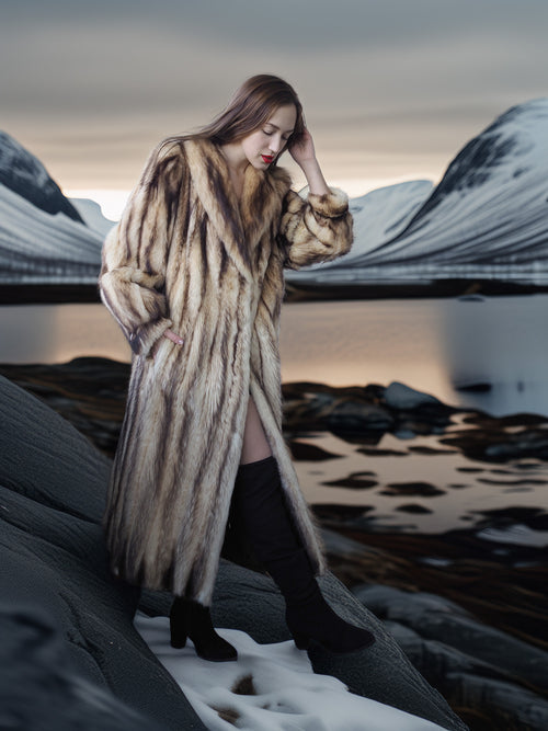 Woman in a fur coat standing on a snowy landscape with mountains in the background