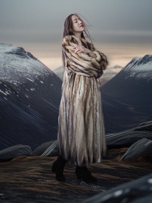 Woman in a fur coat standing against a mountainous landscape