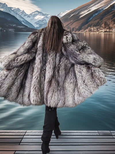 Person wearing a large fur coat standing on a dock with mountains and water in the background