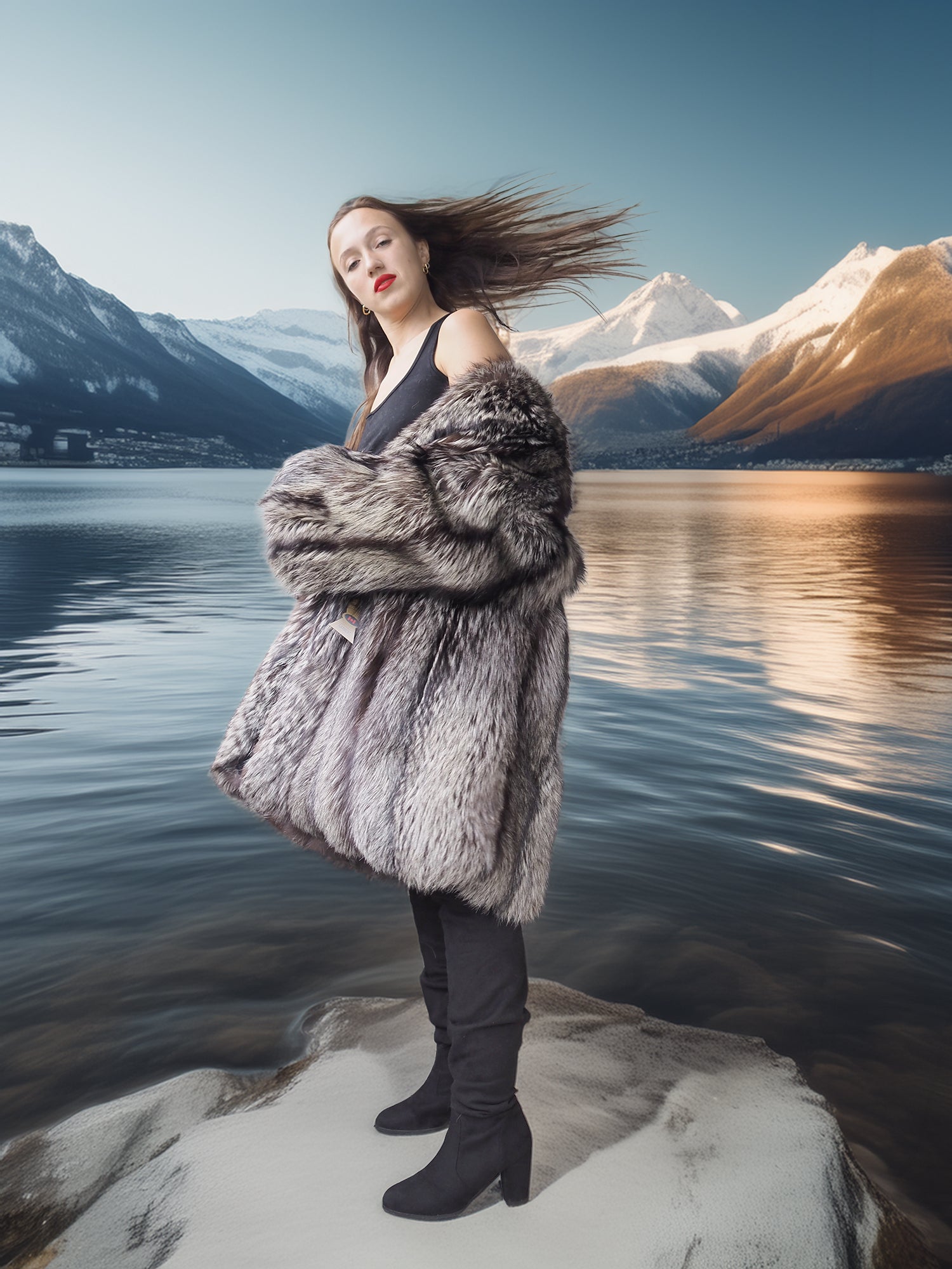 Woman in a fur coat standing on a rock by a lake with mountains in the background