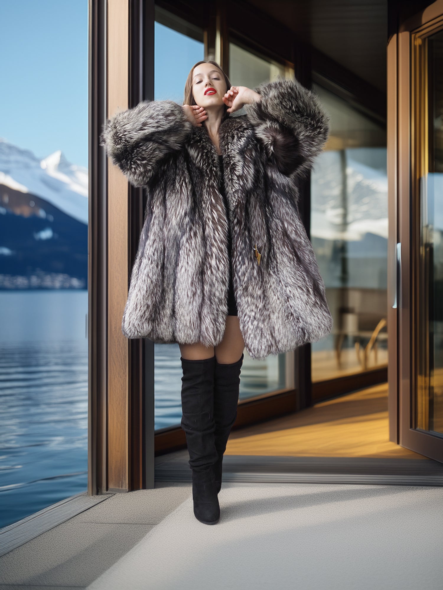 Woman in a fur coat standing by a large window with a scenic view of mountains and water.