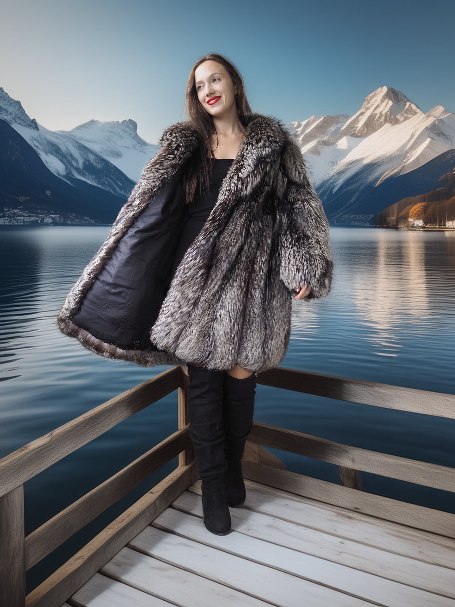 Woman in a fur coat standing on a wooden dock with mountains and a lake in the background