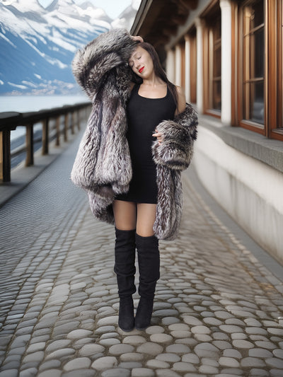 Woman wearing a fur coat and black boots on a cobblestone street with mountains in the background