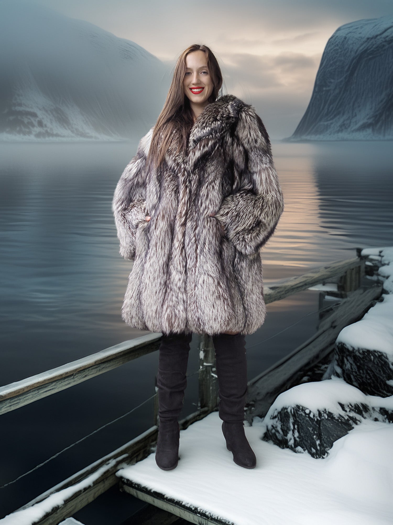 Woman in a fur coat standing on a snowy dock with a mountainous landscape in the background