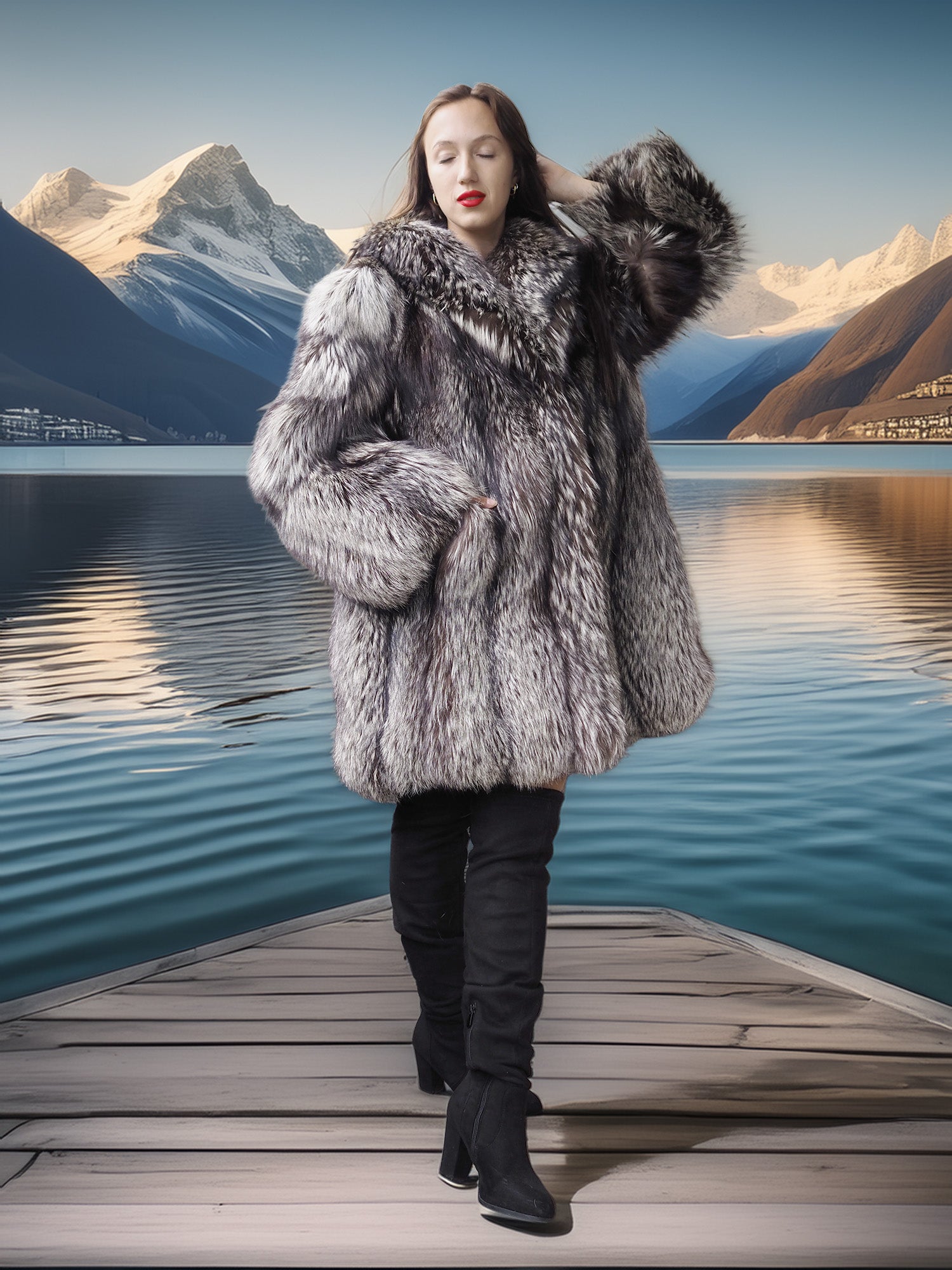 Person wearing a fur coat standing on a dock with mountains and water in the background
