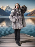 Person wearing a fur coat standing on a dock with mountains and water in the background