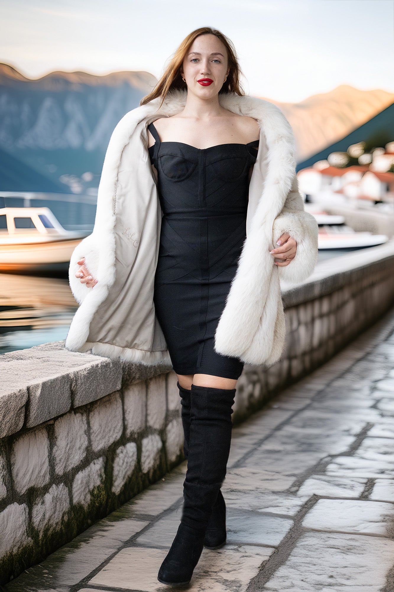 Woman in a black dress and white fur coat standing on a stone wall with mountains in the background