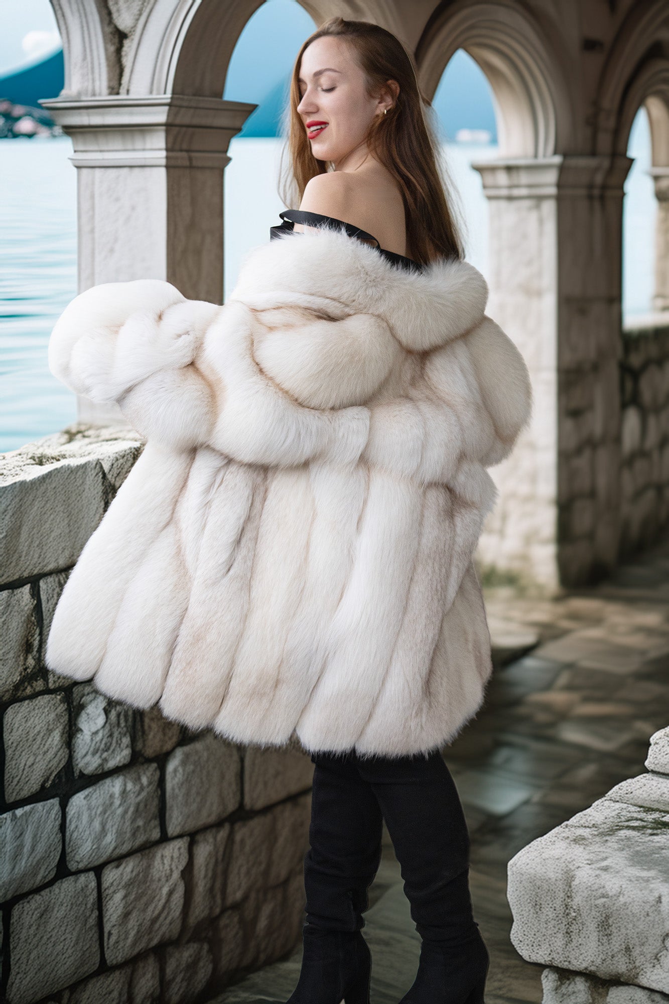 Woman wearing a white fur coat standing by a stone wall with a scenic background.