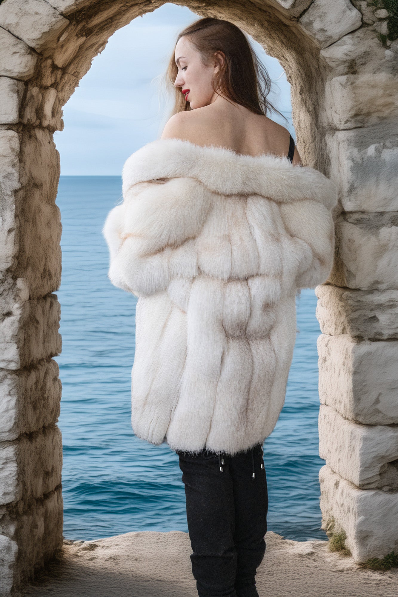 Person wearing a white fur coat standing in a stone archway with ocean view