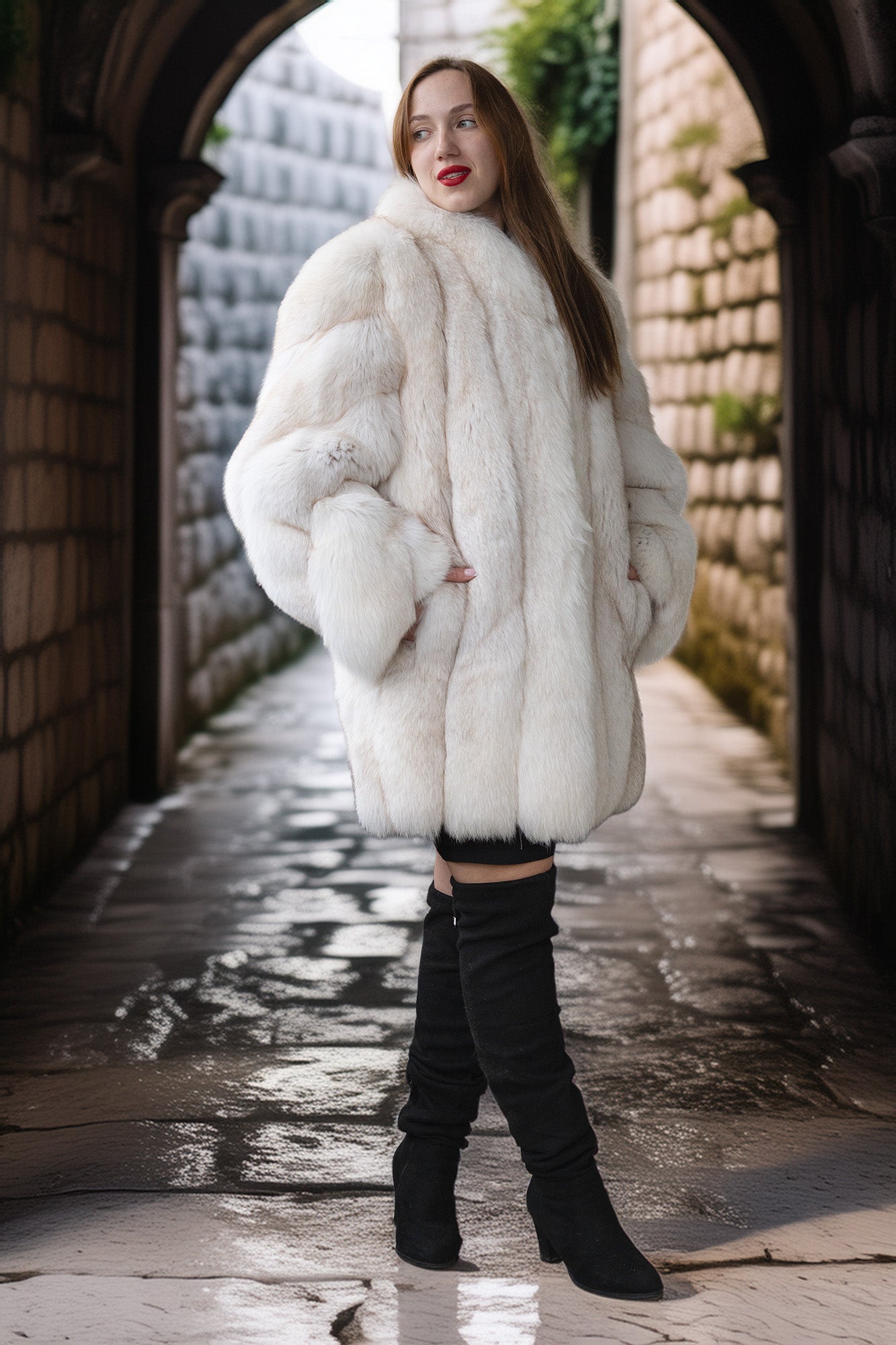 Woman wearing a white fur coat in an alleyway