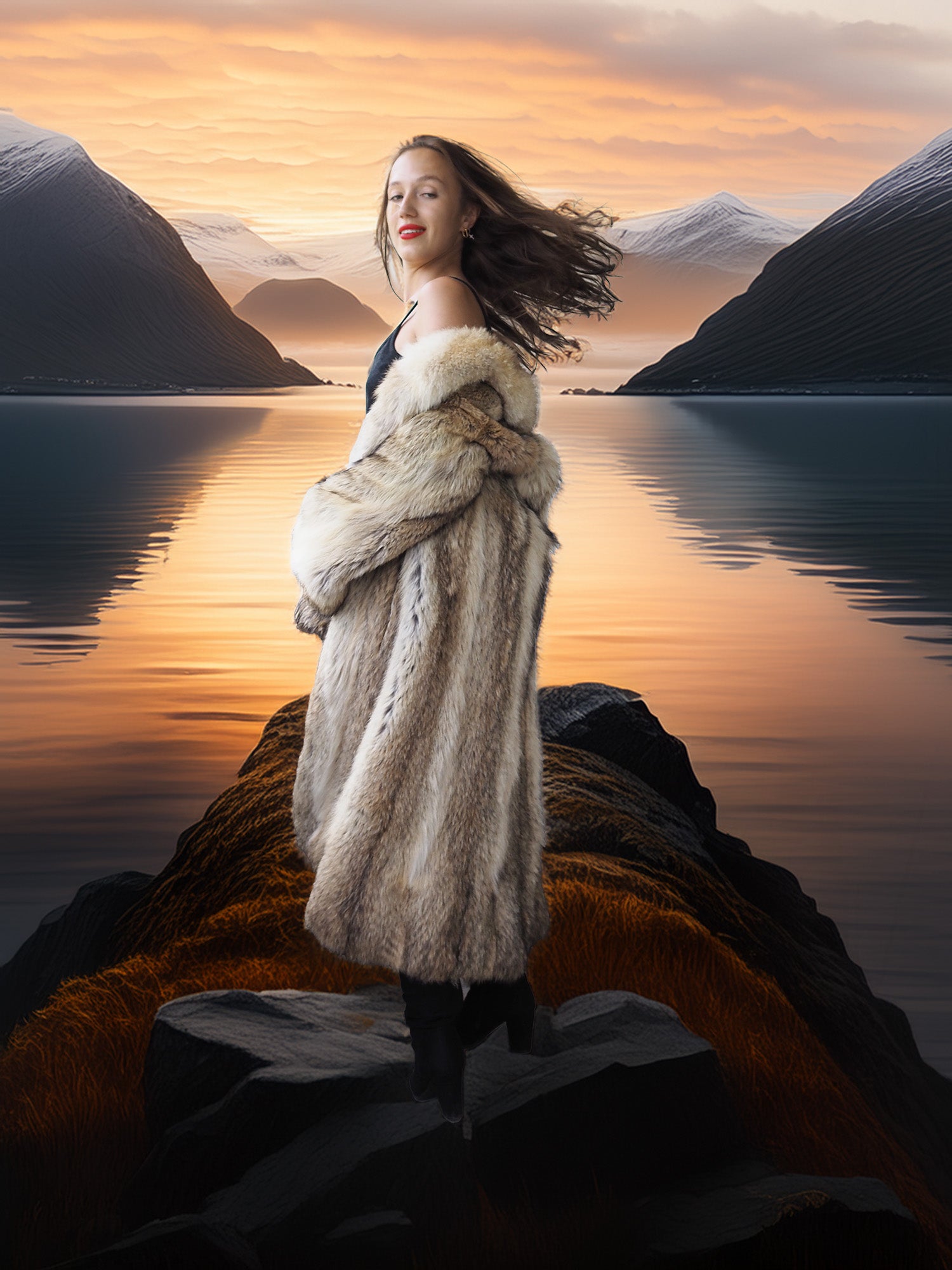 Solstice Flame - Vintage Coyote Fur Coat With Shawl Collar Size S